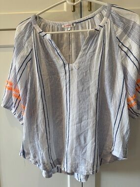Sundry White & Blue Striped Peasant Top with Orange Sleeve Detail